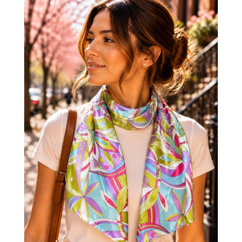 Luxe Abstract Print Silk-Feel Sash Scarf - Pink/Green/ Sky Blue - SF-CFB21201