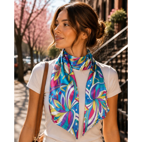 Luxe Abstract Print Silk-Feel Sash Scarf - Pucci Print - TQ/ Fuchsia/Purple - SF-CFB21202