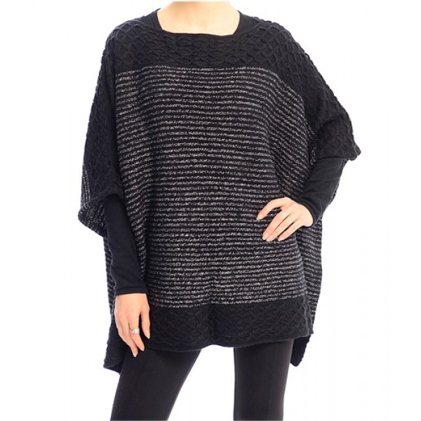 Poncho/ Shawl - Lurex Stripe Knitted - Black - SF-FW212BK