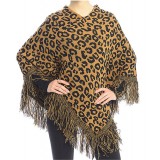 Poncho/ Shawl - Leopard Print with Fringed Hem - Camel - SF-FW411CA