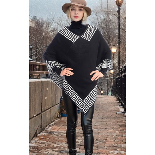 Poncho/ Shawl - Greek Key Pattern - Black - SF-FW412BK