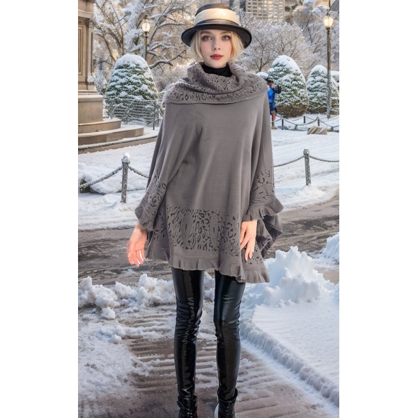 Poncho/ Shawl - Turtleneck Ruffled Hem - Grey - SF-FW421GY