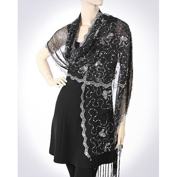 Scarf - Shawl / Wrap :Sequined Mesh Shawl - Butterfly - SF-MEST8333BKSL