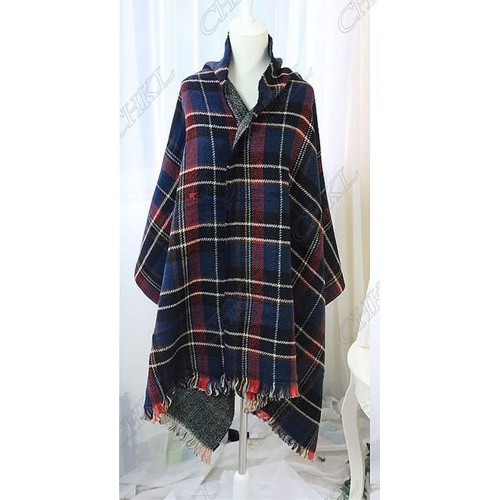 Shawl /Wrap -Plaid And Wish Bone Prints - Navy Color - SF-RUM07NV