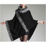 Poncho - Knitted Turtle Neck with Faux Fur Trim  SF-RUM27BK