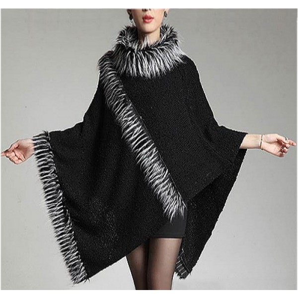 Poncho - Knitted Turtle Neck with Faux Fur Trim  SF-RUM27BK