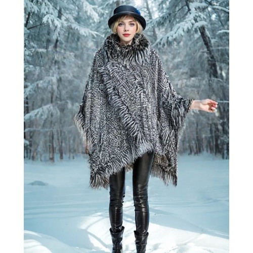 Poncho - Knitted Turtle Neck with Faux Fur Trim - SF-RUM27GY