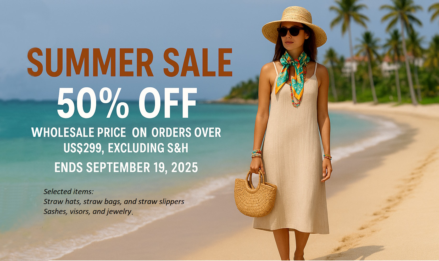 50% off Straw Hats, Bags and more on order $299 @FashionWholesaler.com