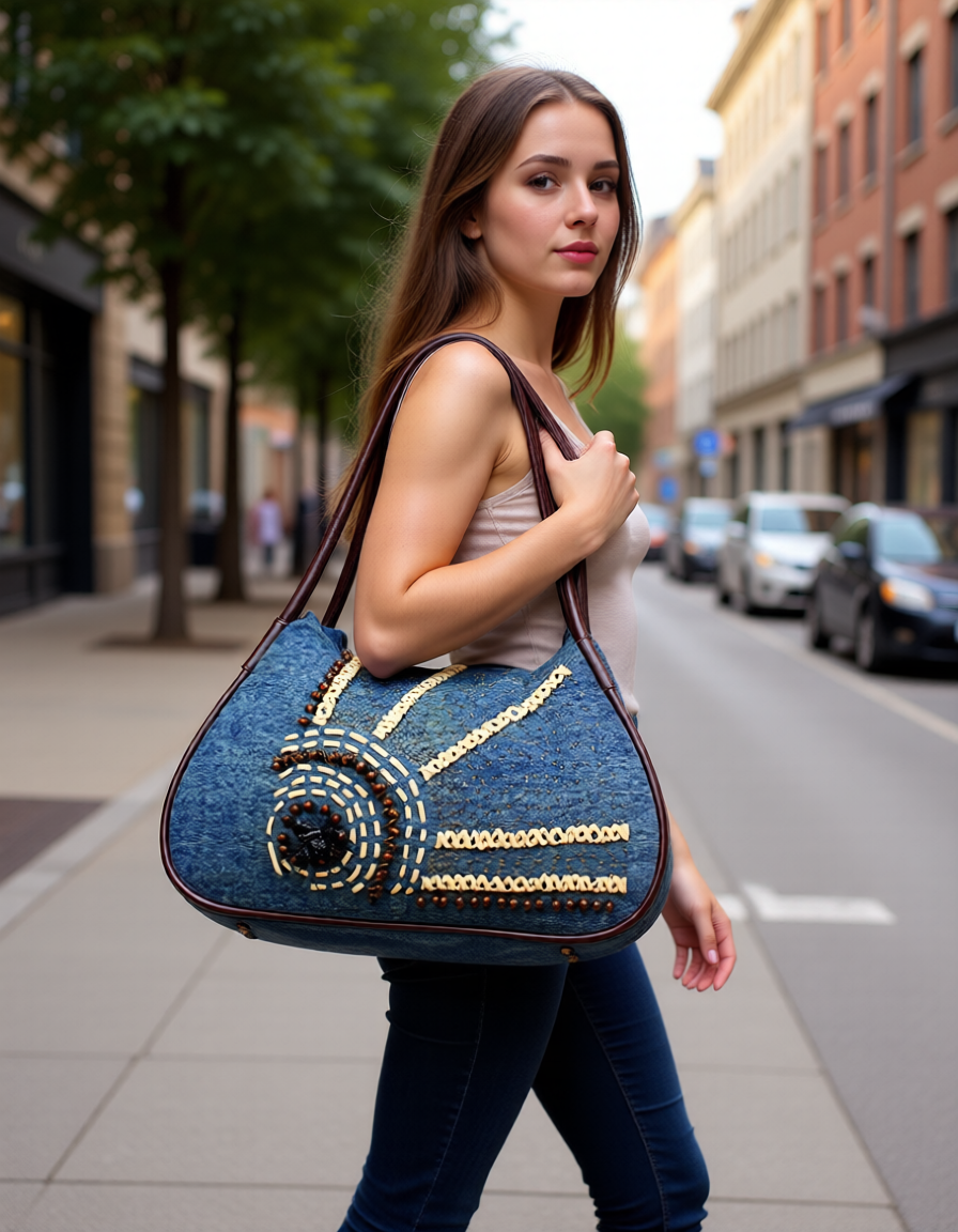Large Denim Tote Dural Handles W/ Floral Wood Beads - BG-USB085BL-1